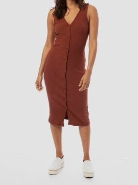 NYTT Ribbed Button-Front Midi Dress in Rust Brown